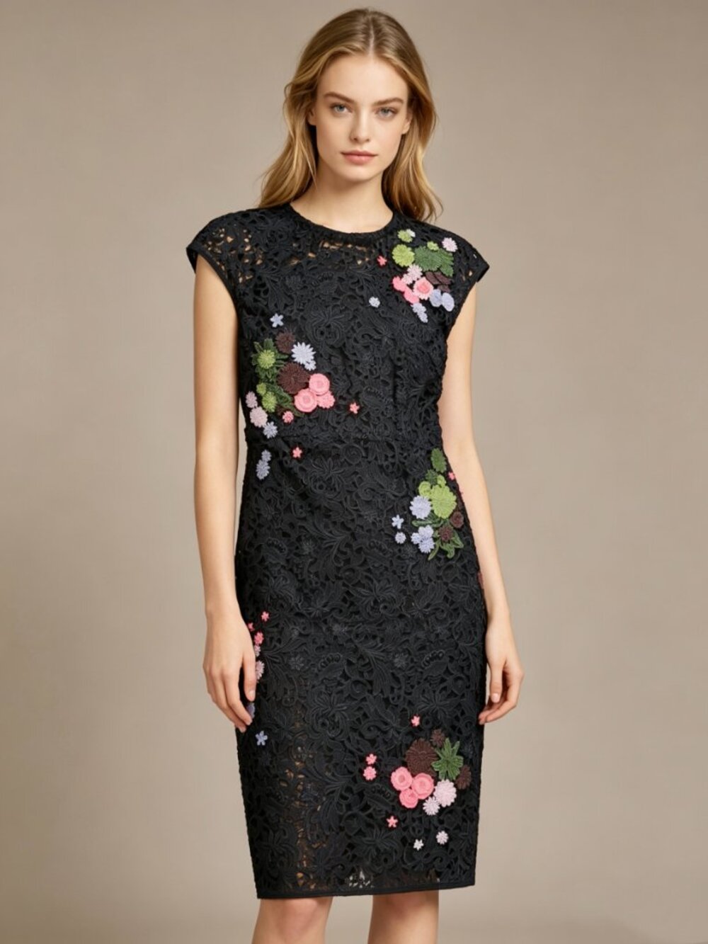 NWOT Women's Embroidery Sleeveless Lace Hollow Out Midi Dress Size 42 Black